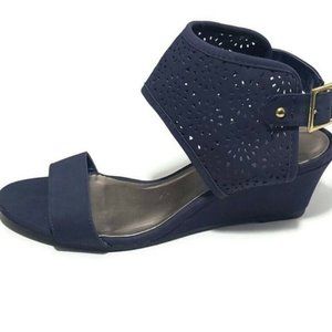 NEW CATO NAVY FAUX SUEDE CUFF WEDGE SANDALS 6